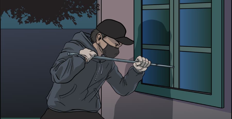 Illustration of burglar forcing entry through a window in Lynchburg
